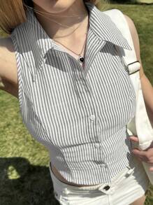 SHEIN EZwear Gray Striped Sleeveless Casual Woven Shirt For Women - Grey - View 4
