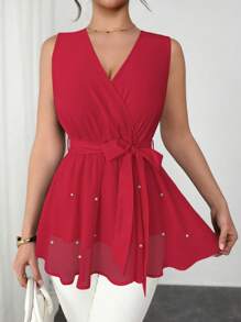 Elenzga Blusa elegante francese con scollo a V incrociato, senza maniche, vita stretta, in tessuto trasparente a rete con decorazione in perle, con fondo ampio e svasato