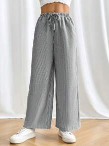 SHEIN PETITE 女士纯色时尚长裤，适合夏季 - 黑色 - 查看 5