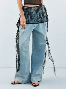 LYSMO 女士时尚透明蕾丝分层半身裙 - 黑色 - 查看 5