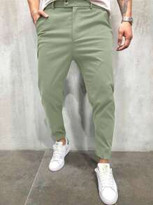 Manfinity Homme Men's Casual Solid Color Slanted Pocket Suit Pants - Green - View 5