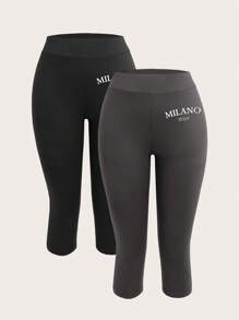 SHEIN EZwear 2pcs Women Letter Print Black And Gray Versatile Capri Skinny Casual Leggings, Suitable For Summer - Multicolor - View 1