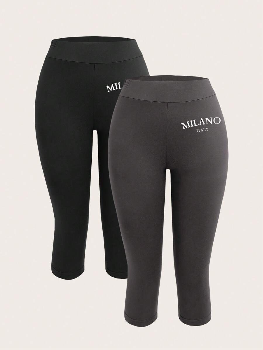 SHEIN EZwear 2pcs Women Letter Print Black And Gray Versatile Capri Skinny Casual Leggings, Suitable For Summer - Multicolor - View 1