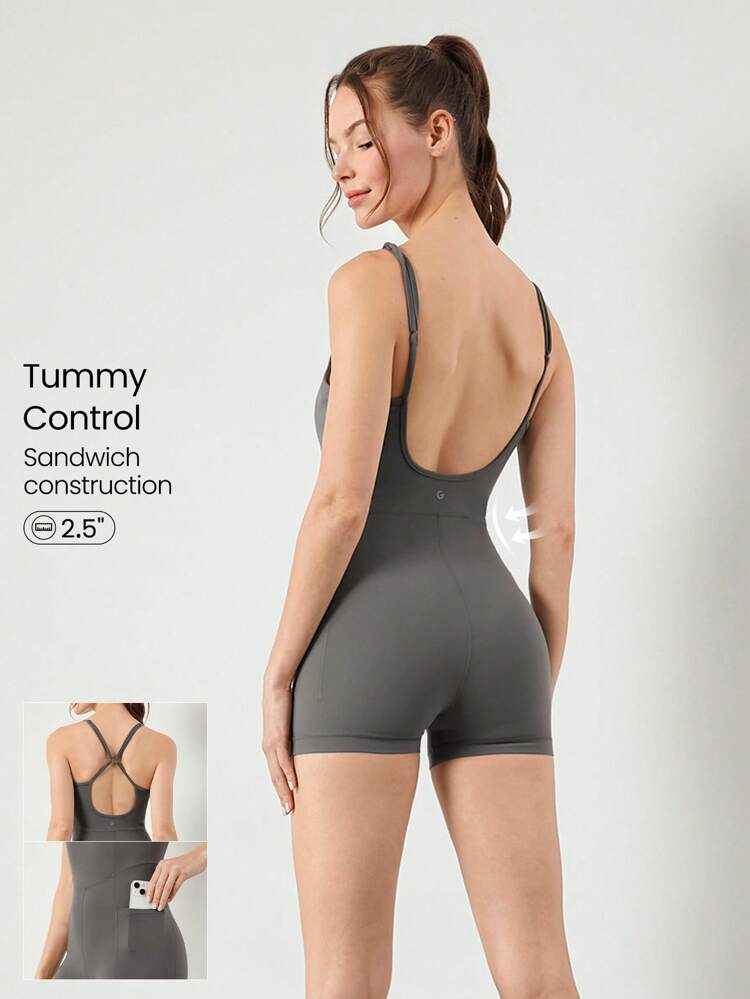 2.5インチ FeatherFit™全方位フレックス お腹コントロール コンバーチブル バックストラップ ロンパース ボディスーツ サイドポケット 取り外し可能なカップ ロープアクティビティ ヨガ ピラティス スタジオ デイリーカジュアルウェア