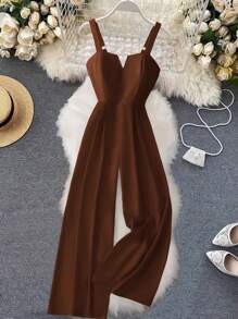SHEIN Unity Plus Size Women's Elegant Shiny Silver Thread Fabric Puff Sleeve, Bowknot Neck, Pleated Jumpsuit, Fashionable Design, Versatile - Brown - View 1