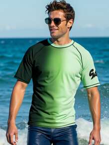 Manfinity Swimmode Men's Gradient Color Raglan Short Sleeve Casual Surfing T-Shirt Man Swim Trunks,Hawaiian, Men Swim Shirt Short Sleeve, Men S Rash Guard Shirt, Green Tshirt Men, Men Active Wear