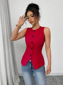 Selianne Camisa sin mangas de unicolor informal para ir al trabajo en verano - Rojo - Ver 6