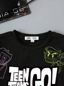 Teen Titans Go X SHEIN Maglietta nera a maniche corte con grafica a cartoni animati, adatta per ragazzi, ideale per l'estate