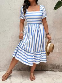 SHEIN Clasi Elegant Pattern Plus Size Women Long Dress, Spring/Summer - Blue and White - View 8