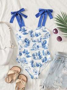 Tween Girls Casual Blue Floral Print Jumpsuit With Bow Strap Accent, Suitable For Beach Vacation - Blue - View 1