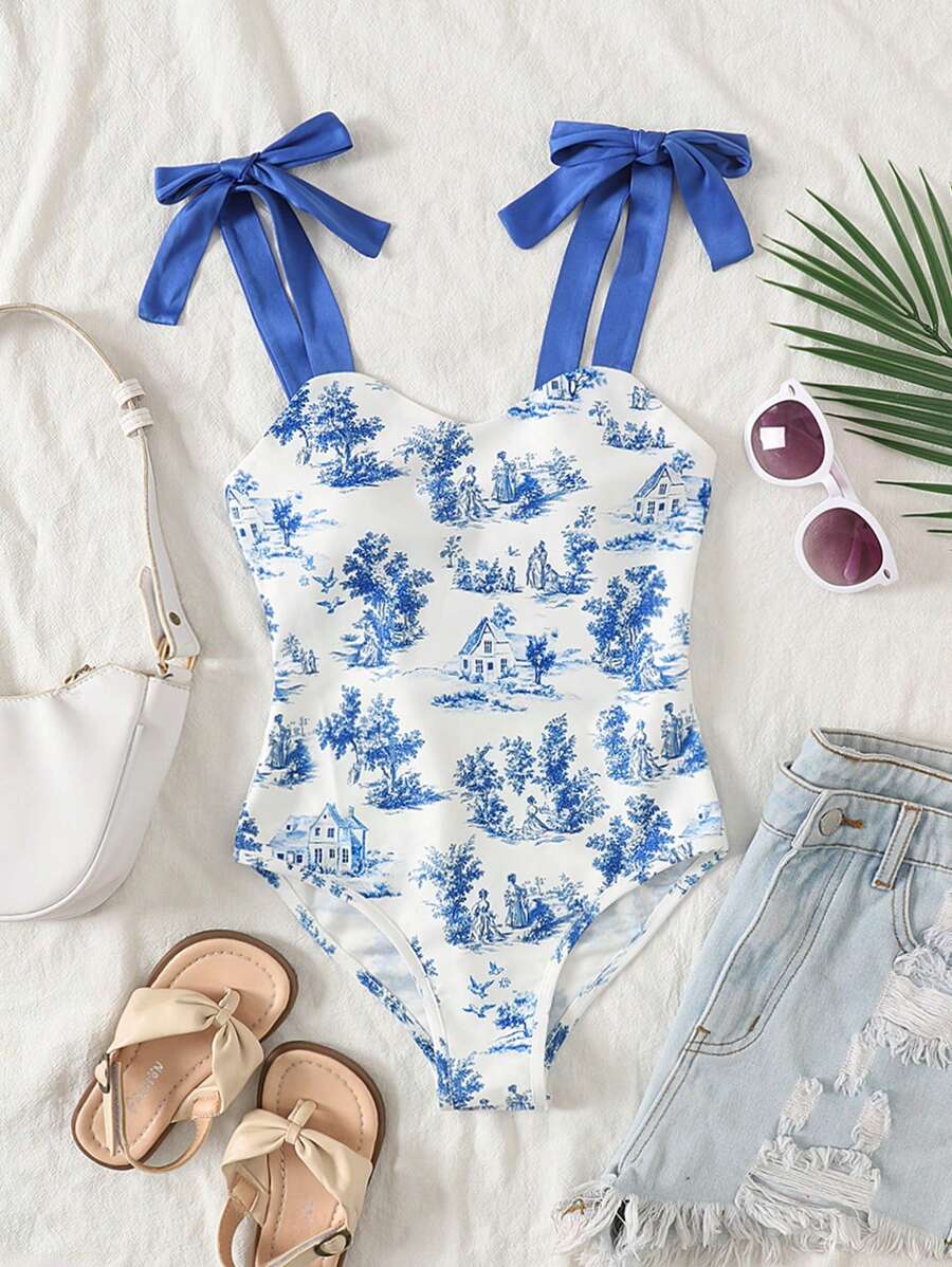 Tween Girls Casual Blue Floral Print Jumpsuit With Bow Strap Accent, Suitable For Beach Vacation - Blue - View 1