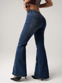 SHEIN ICON Y2k Women's Going Out Cotton Low Waist Butterfly Print Bell Bottom Jeans - Medium Wash - View 2