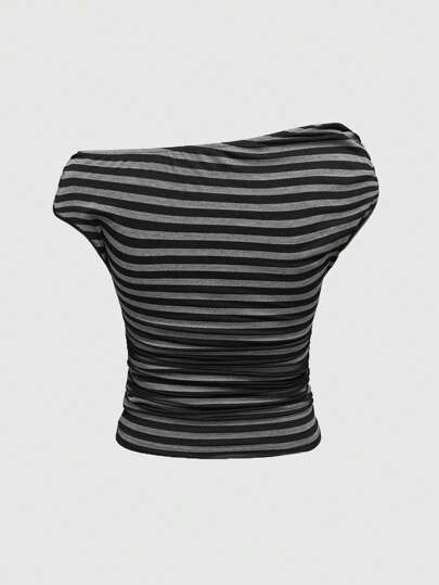 Grunge Punk Y2K Shibuya Girl Millennium Vintage Revived Striped Form-Fitting Asymmetric Ruched Women T-Shirt