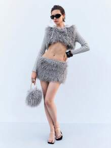 LYSMO Women's Light Grey Shaggy Mini Skirt: Chic And Playful Polyester Party Skirt With Ruched Detailing For A Stylish Night Out - Light Grey - View 4