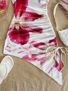Soleia Vestido mini con escote halter, fruncido y estampado floral, para vacaciones de estilo informal