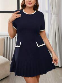 SHEIN Frenchy Đầm thường ngày cổ tròn peplum viền thanh lịch tay ngắn cỡ lớn cho nữ - Màu xanh hải quân - Xem 11