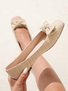 CUCCOO CHICEST 女士夏季新款蝴蝶结方头平底休闲基本款卡其色亚麻编织乐福鞋，优雅适合下午茶、约会、度假穿着 - 杏色 - 查看 4