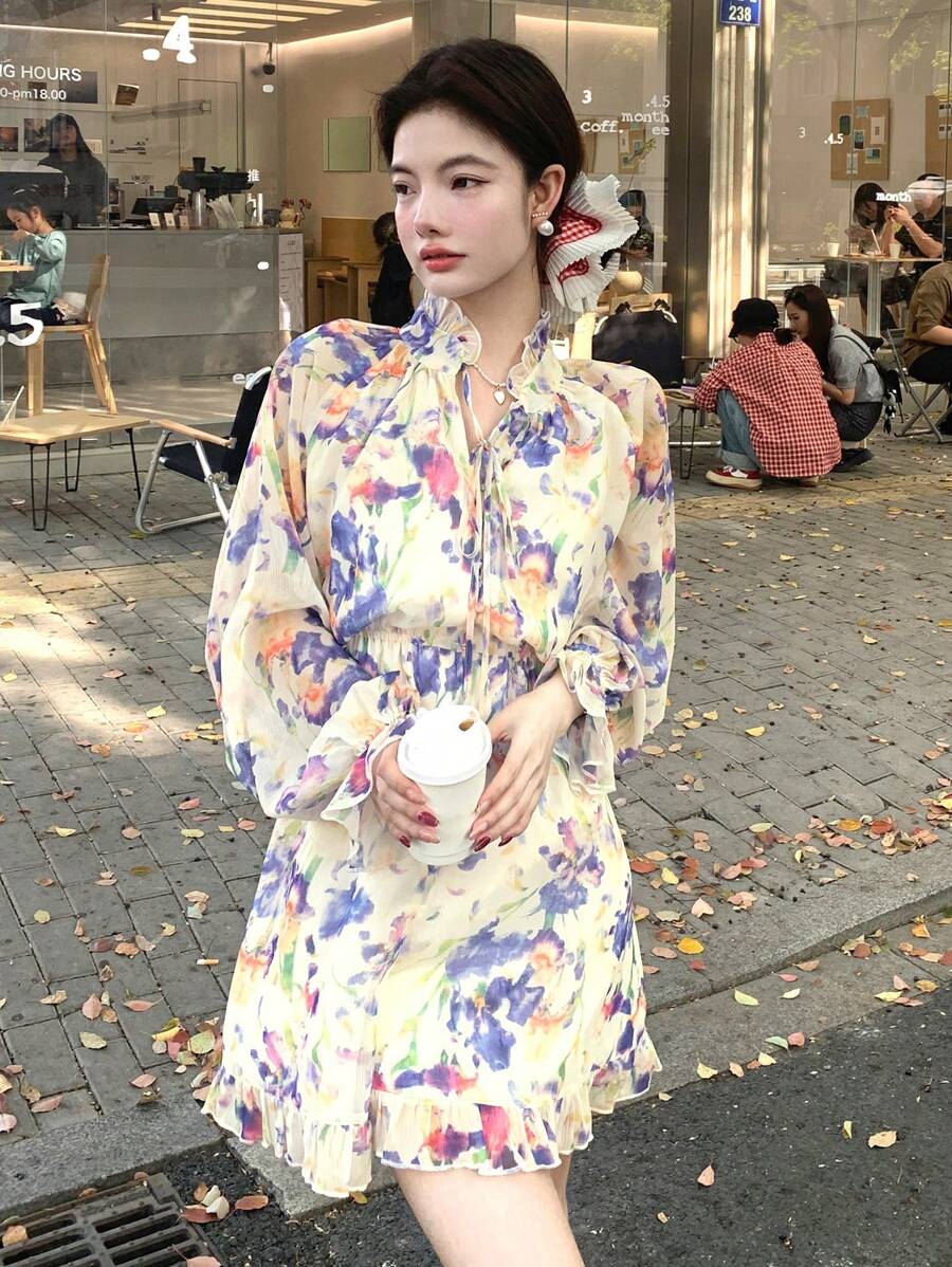 DAZY Full Floral Print Loose Long Sleeve Cinched Waist Casual Vacation Shorts Jumpsuit For Women, Summer,Ruffle Boho Rompers For Women - Purple - View 1