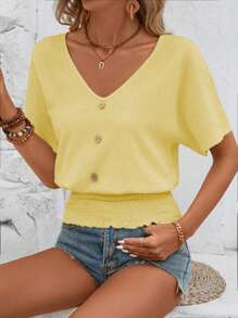 SHEIN LUNE Camisa de mujer de manga corta con botones y dobladillo recogido, de estilo casual para el verano - Amarillo - Ver 4