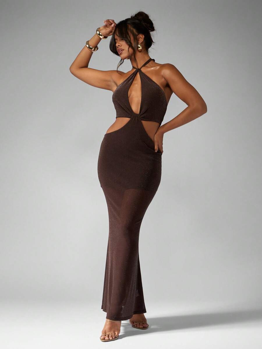 MISSGUIDED Sleek Halter Neck Cutout Maxi Dress Bronze Shimmer Evening Gown Wedding Guest Party Club Special Occasion Stretch Form Fitting Floor Length Dress - Black - View 1