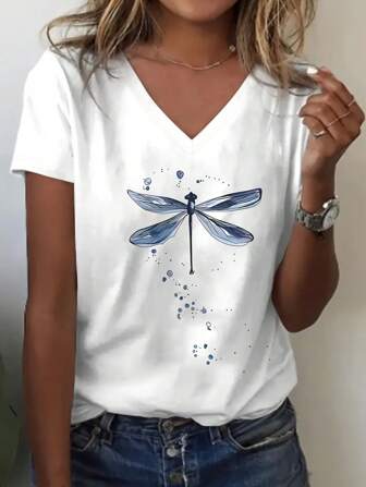 T-shirt casual à manches courtes col en V pour femmes, imprimé libellule bleue