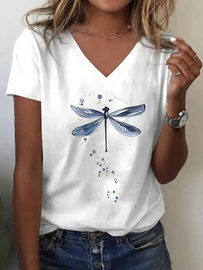Blaues Libellen-Muster lässiges Frauen T-Shirt mit V-Ausschnitt und Kurzarm