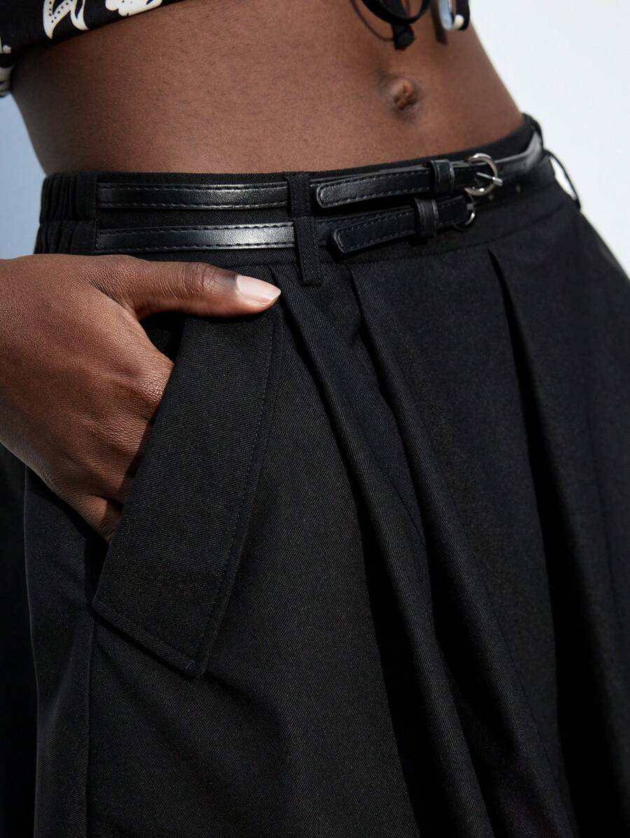 Maija Women's Black Casual Skirt, Elastic Waistband, Front Adjustable Buckle Belt, Fashion Versatile Pleated Skirt Suitable For Graduation, Holiday, Party, Daily Wear, Music Festival Country Concert