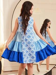 SHEIN Tweens Girls' Loose Elegant Round Neck Color Block Splice Side Layered Ruched Ombre Color Dress - Blue - View 5