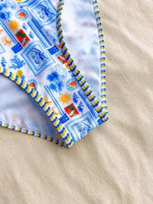 SHEIN Teen Girls 2pcs/Set Seaside Vacation Blue And White Summer Random Color Print Spaghetti Strap Top & High Cut Bikini Bottom Set,Summer Beach, Suitable For Summer