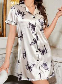 LuxeNights 女士仿丝蝴蝶印花缺口领短袖单排扣睡袍娃娃装奢华家居服 - 杏色 - 查看 7