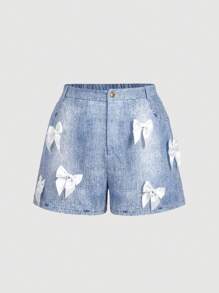 SHEIN MOD Große Größen Shorts mit Schleifendekor & Denim-Effekt-Print Sommer-Outfits für Frauen Shorts, weiße Schleifendekor, Vintage-Blau wie ein Cowboy, - Verschiedenfarbig - Übersicht 1