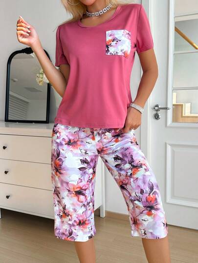 SHEIN 花卉印花女式休闲七分裤家居服套装