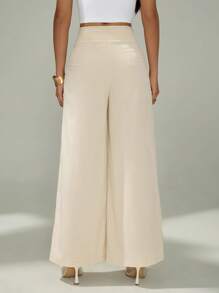 SHEIN PETITE 女士简约休闲时尚返校季老款通勤高腰纹理阔腿裤 - 杏色 - 查看 2