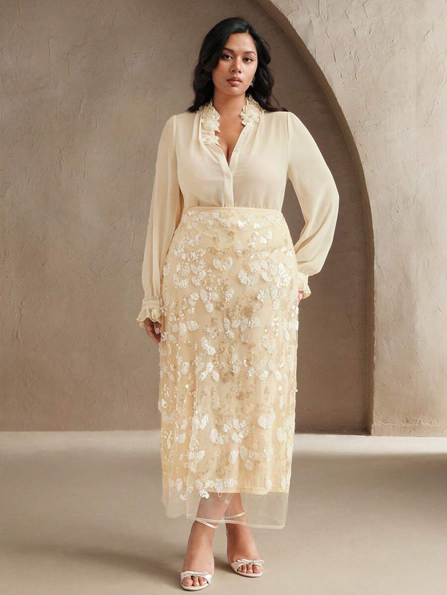 Anewsta Jupe Maxi Moulante Pour Grandes Tailles Avec Ornements Paillettés, Jupe À Ourlet Élégant Pour Le Printemps, Les Festivals, Le Casual, Les Vacances, Les Jours Fériés, Élégant, Jaune Beurre