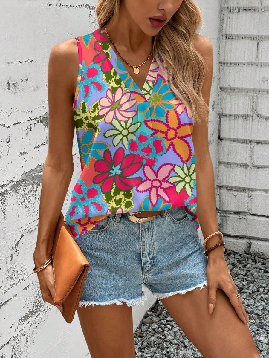 SHEIN LUNE Casual Floral Print V-Neck Camisole For Women, Suitable For Summer - Multicolor - View 1