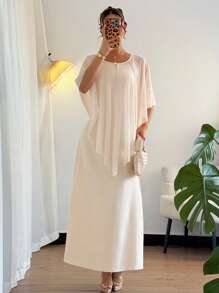 Chiquease Elegant Chiffon Ruffle Overlay & Spaghetti Strap Midi Dress Set, Spring/Summer - White - View 3