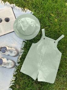 Set de 2 piezas: Peto corto a rayas verdes y blancas + Gorro de cubo para bebé niño/niña, conjunto de ropa casual para vacaciones/playa
