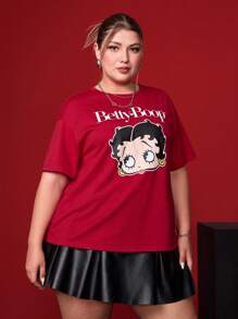 Betty Boop x SHEIN 夏季可爱锐舞音乐会度假海滩休闲波西米亚性感优雅复古Y2K酷炫红色大码字母和图案圆领短袖宽松T恤 - 紅色 - 查看 3