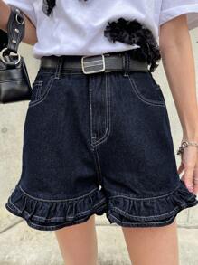 FRIFUL Women's Casual Blue Denim Ruffle Hem Shorts: Zipper Detail Short Jeans For A Stylish Summer Look Denim Shorts