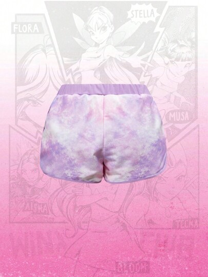 Winx Club X ROMWE Pantalones cortos casuales de verano con patrón de retrato de dibujos animados efecto tie-dye