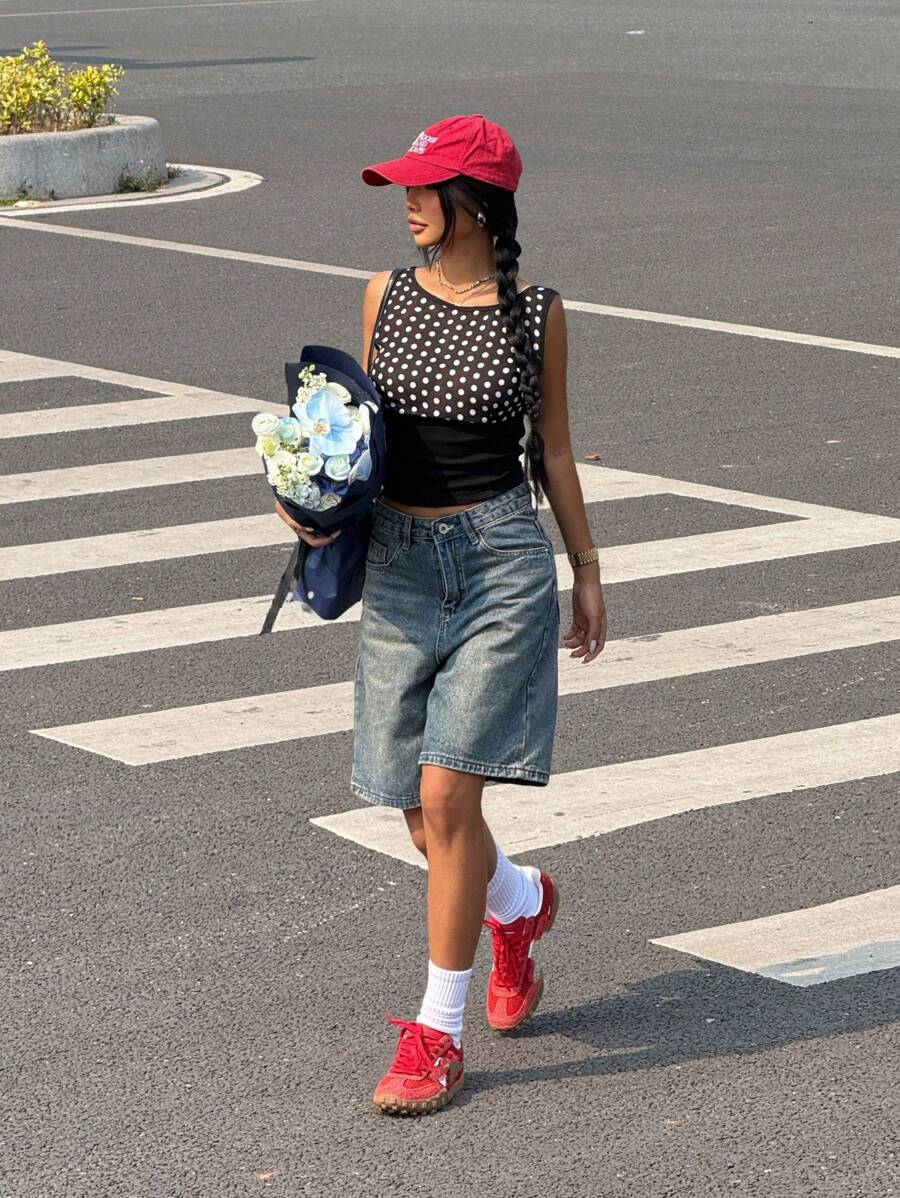 SHEIN EZwear 女士波点印花裹身系带圆领修身上衣 - 黑色 - 查看 1
