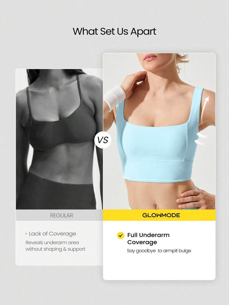 FeatherFit™ Full Coverage Side Support Square Neckline Sports Bra Longline Bra Light Support Low Impact Yoga Pilates Daily