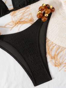 SHEIN Swim Plain Halter Bikini Set With Contrasting Beads Embellishment - Black - View 8
