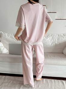 2pcs Striped Loose Short Sleeve Women Pajama Set - Pink - View 2