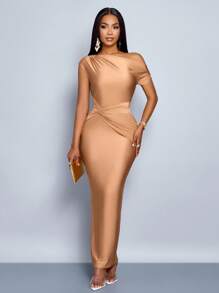 SOLERSUN Women's Fashion Solid Color Elegant Asymmetric Neckline Ruched Side Bodycon Dress, Suitable For Party Vacation & Dating - Mocha Brown - View 3