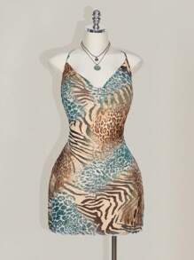 SHEIN ICON 加大码豹纹垂坠领吊带背心紧身 A 字中长连衣裙，波西米亚风格，适合夏季度假 - 彩色 - 查看 7