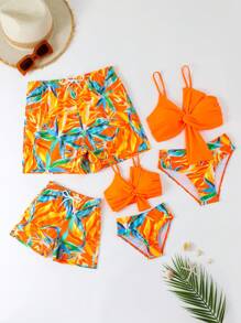 SHEIN Young Boy Casual Random Orange Print Beach Style Swimming Trunks - Orange - View 4