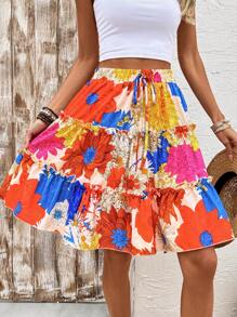 Breezaya Floral Print Ruched Layered Skirt, Summer Vacation - Multicolor - View 5