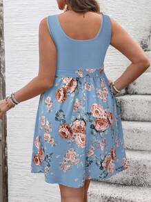 SHEIN VCAY Plus Size Casual Floral Print Patchwork 2 In 1 Dress Flowy Dress - Blue - View 2