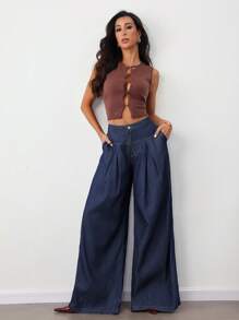 SHEIN Tall Women's Casual Loose Wide Leg Jeans Navy Blue,Summer,Casual,Everyday High Waisted Tall Pants For Woman Work Clothes - Dark Wash - View 3